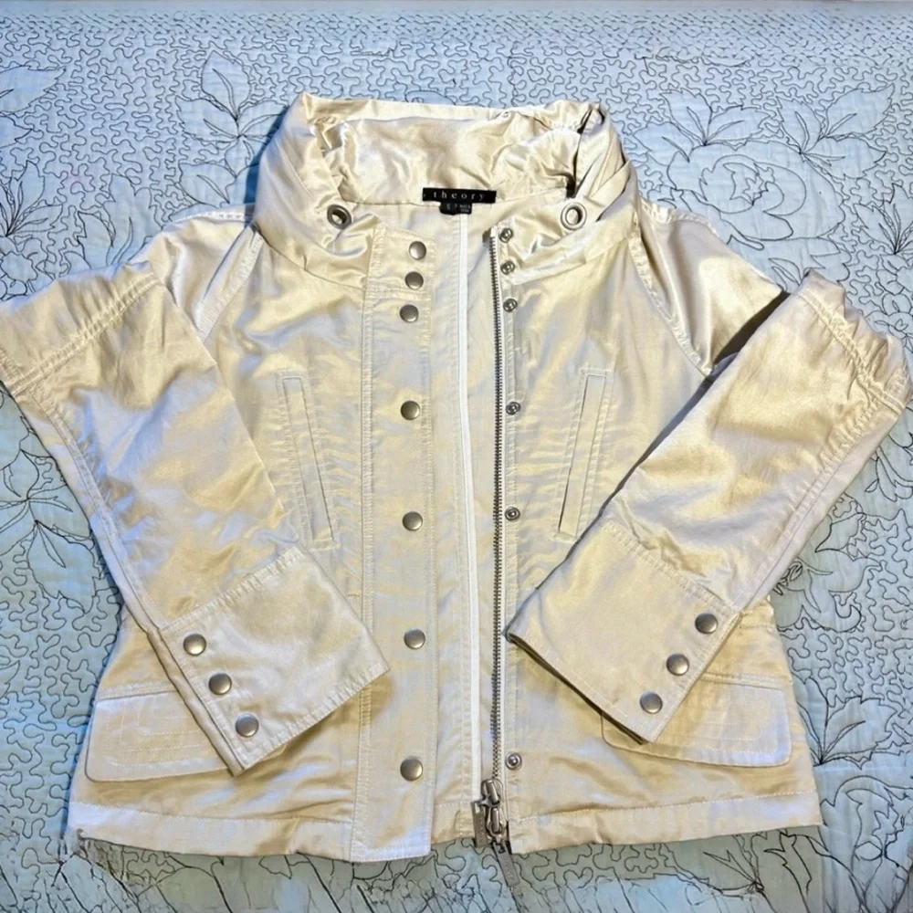 Theory Pearlized Utility Jacket Hidden Hood Adjustable Waist Cinch Ivory~S🧡